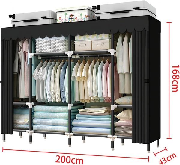 Rukasto ワードローブ カバー付き幅200×奥行43×高さ168cm ブラック - 画像 (2)