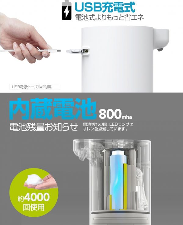 ユミマイル ソープディスペンサー ハンドソープ 自動 泡 詰め替え 300ml 壁掛け 吐出量2段階調節 充電式 防水 ハンドソープ 食器用洗剤 キッチン 洗面所などに適用 - 画像 (5)