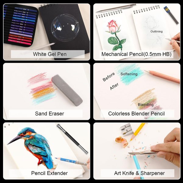 80色鉛筆セット 大人用 塗り絵 72色 3色のスケッチブック付き 大人用塗り絵 シャープペンシル 0.5 無色ブレンダー - 画像 (8)