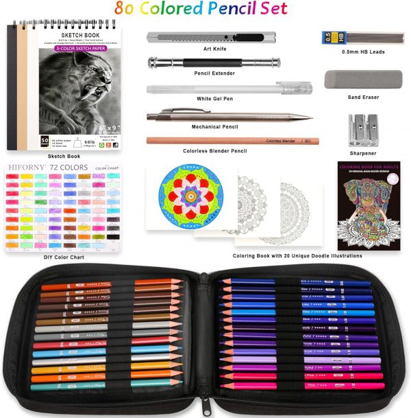 80色鉛筆セット 大人用 塗り絵 72色 3色のスケッチブック付き 大人用塗り絵 シャープペンシル 0.5 無色ブレンダー - 画像 (4)
