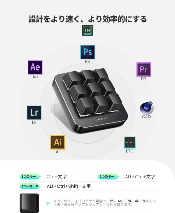 プログラマブルキーボード 9キー ショートカットキーボード ゲーミング 片手 有線 メカニカル キーボードマクロ可能 互換性 - 画像 (4)