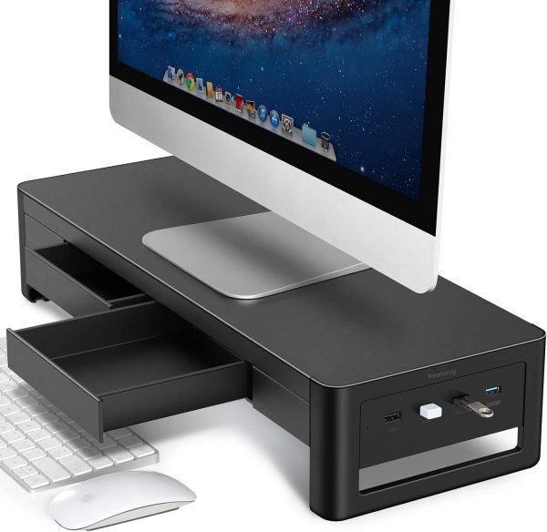 Meatanty 引き出し モニター台 pc モニタースタンド パソコン台 ディスプレイ台 USB 3.0/2.0 データ転送 机上台 スチール製 USBバージョン 幅54cm