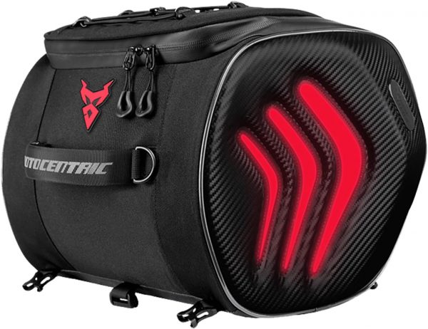 MIGHTYDUTY バイク シートバッグ 20L ライト付き おしゃれ バイク用 ツーリングバッグ 防水 1200Dオックスフォード生地 前後2way バイクバック (赤いライト)